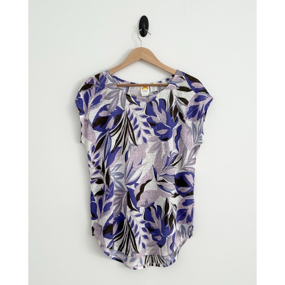 C & C California Large Purple Multicolor 100% Linen Short Cap Sleeves Top NWOT - Picture 2 of 11